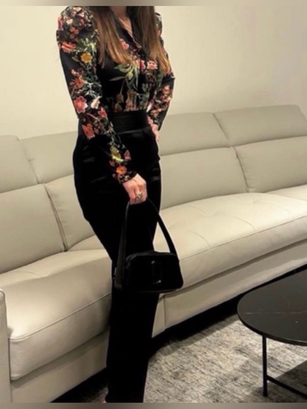 2 pieces Marciano Black Floral Long-Sleeve Bodysuit and black pant
